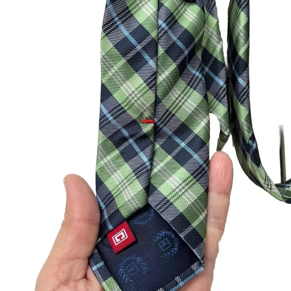 Chaps Boys Necktie Leaf Green Dark Light Blue White Plaid Tie 2.5